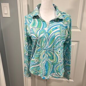 M - IBKUL Arianna Blue & Green Long Sleeve Mock Golf Shirt UPF 50